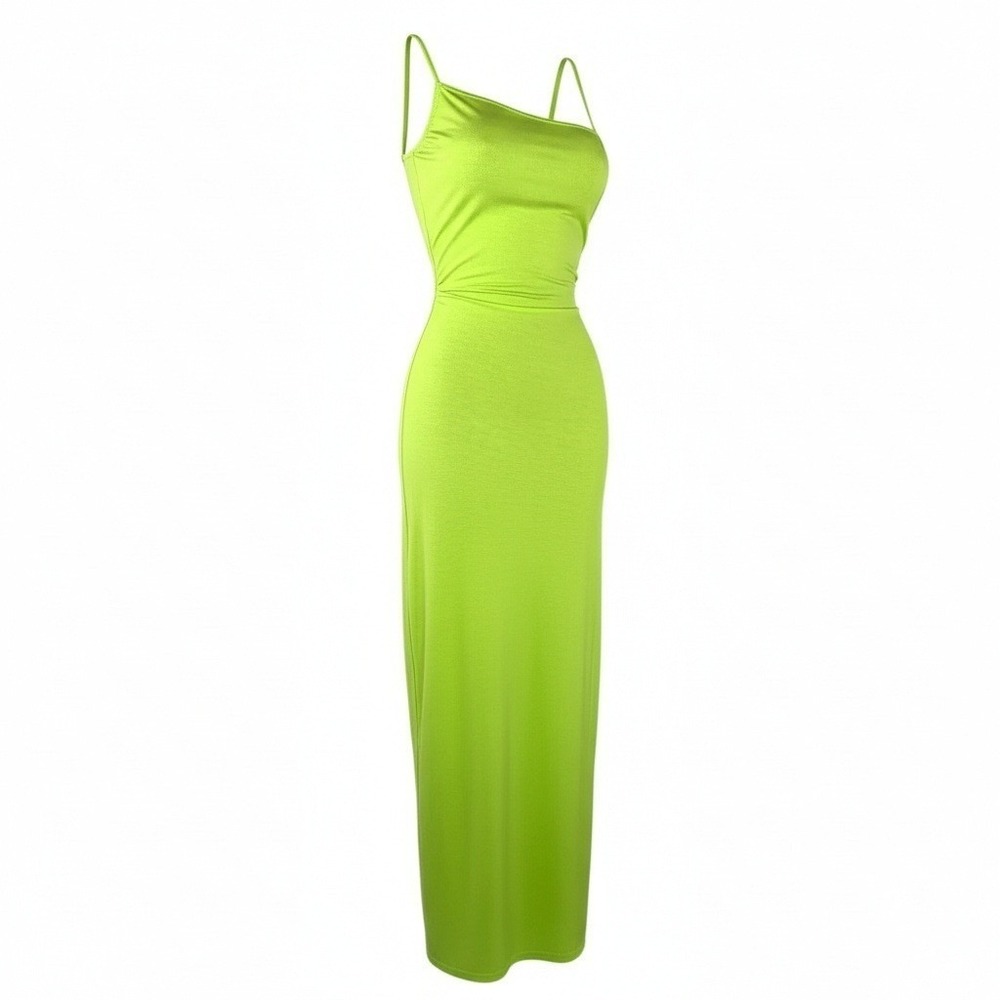 New Neon Lime Green Yellow Asymmetrical Bodycon Maxi Backless Sundress Dress Y2k